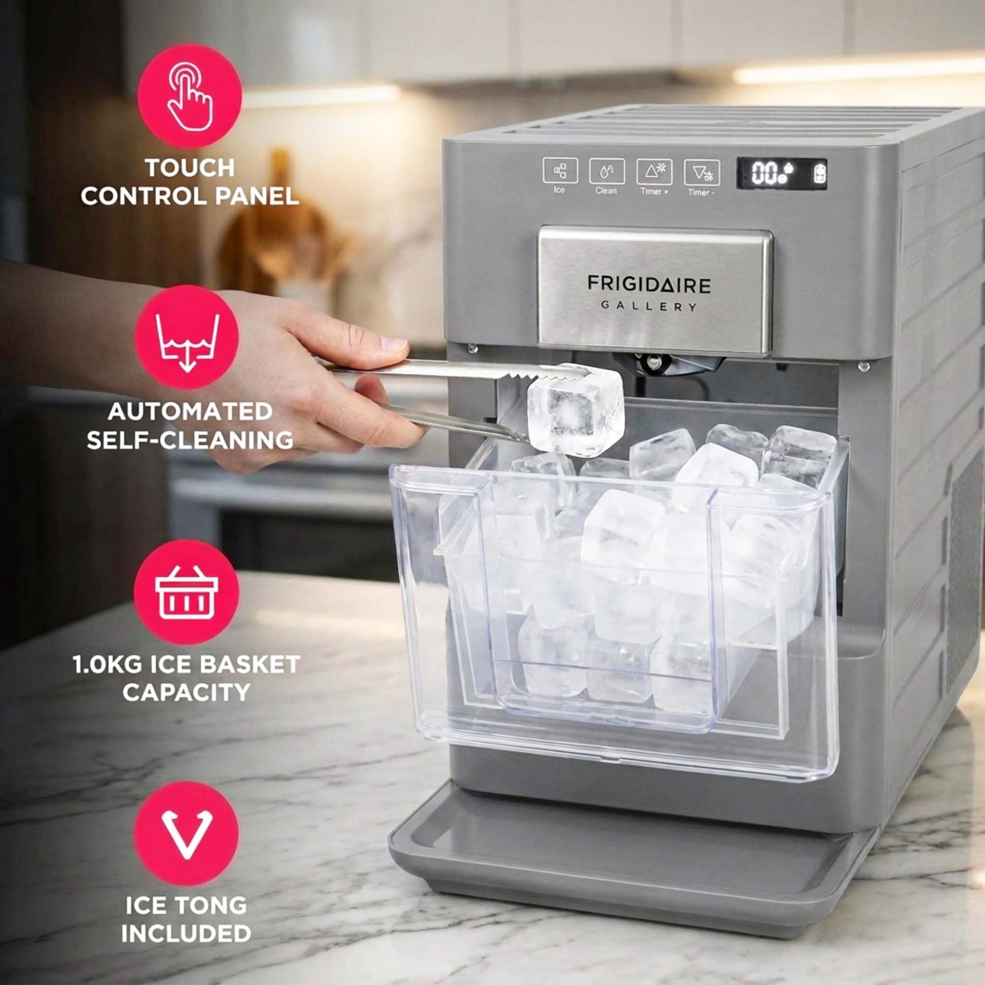 Frigidaire Gallery 22 lbs. Premium Artisanal Square Ice Maker, Self-Cleaning Ice Machine with Touch Controls, Grey FGIC523