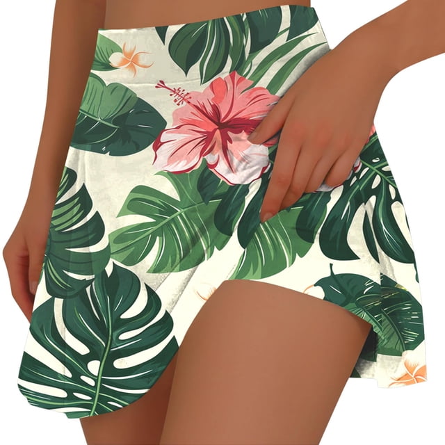 Women's Hawaii Skorts Tropical Print Lightweight Tummy Control Plus Size High Waist Athletic Sports Skirt Inner Shorts
