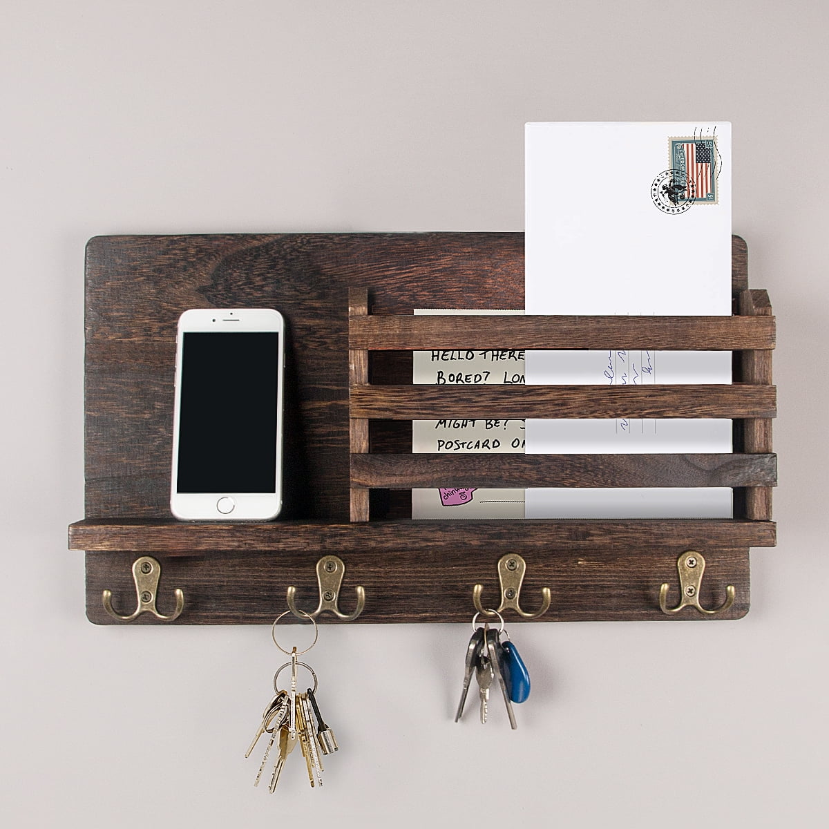 Rustic Create Wall Mounted Mail Sorter with 4 Key Ring Hooks/Key and Mail Holder for Wall/Wood. 