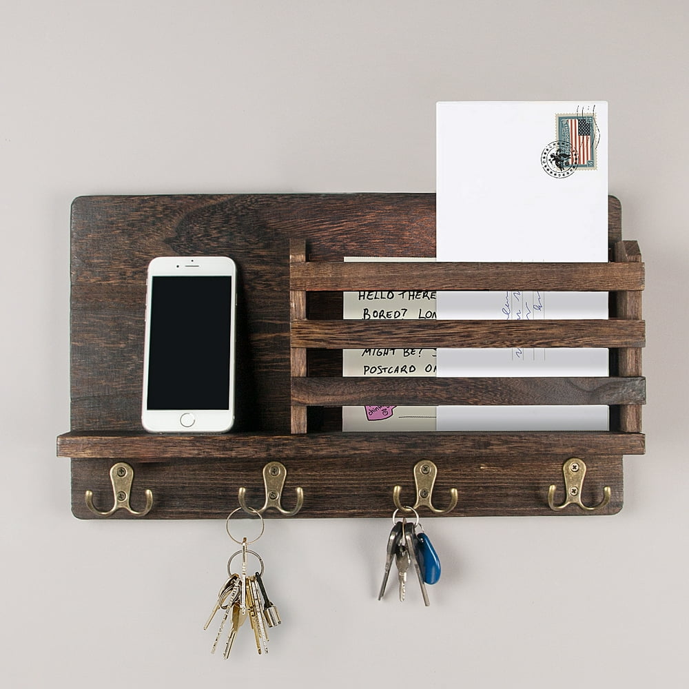 Wall Mounted Mail Holder Wooden Mail Sorter Organizer with 4 Double Key Hooks and 1 Floating