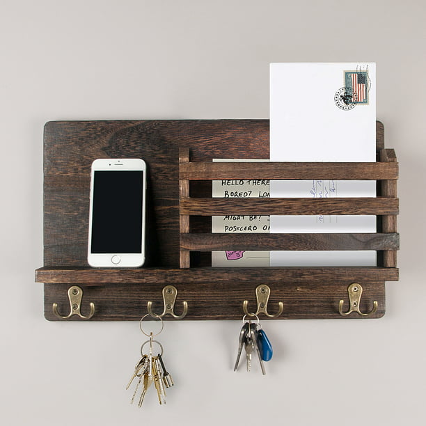 Wall Mounted Mail Holder Wooden Sorter Organizer With 4 Double Key Hooks And 1 Floating - Wooden Wall Mounted Mail And Key Holder