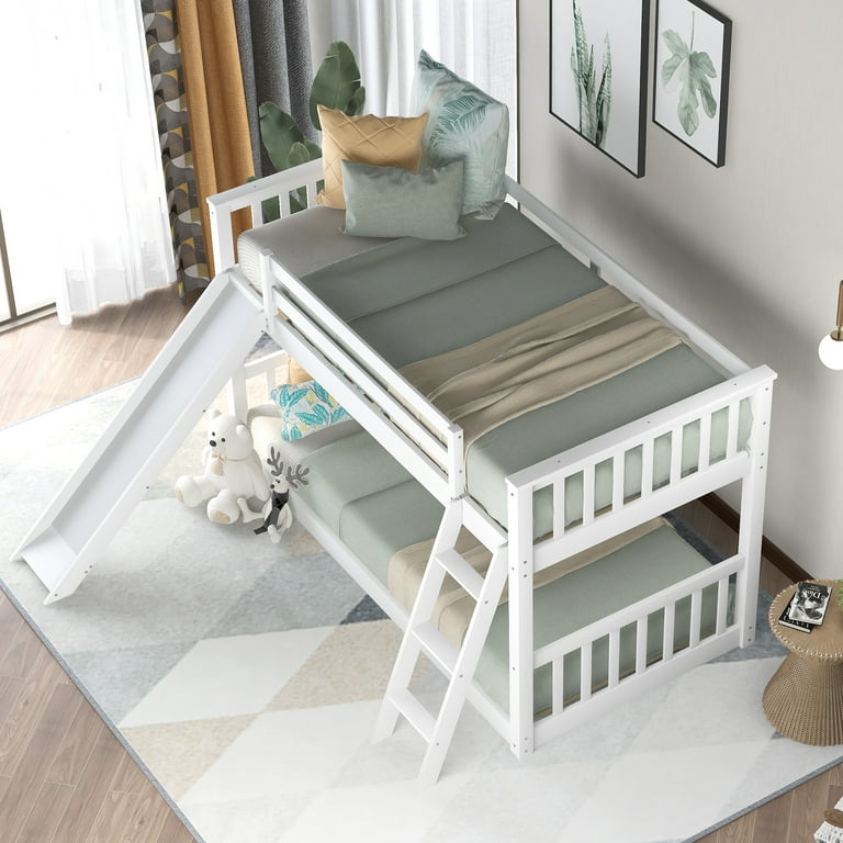 Euroco Twin Over Twin Floor Bunk Bed with Slide and Ladder for Bedroom White