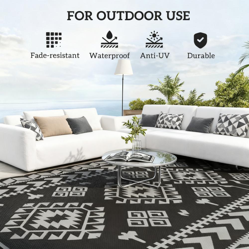 9' x 18' Black & Gray Rhombus Patchwork Reversible Outdoor Patio Rug, Waterproof Portable Camping Mat with Carry Bag, Foldable RV Carpet