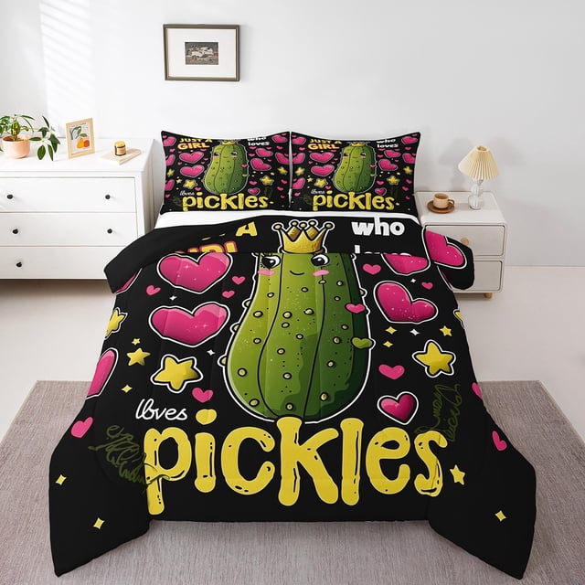 Pickle Comforter Set Queen Size,Cartoon Vegetable Printed Bedding Sets Cute Cucumber Pattern Bedding Comforter Sets for Pickle Lovers Down Comforter Cute Pickle Print Duvet Set