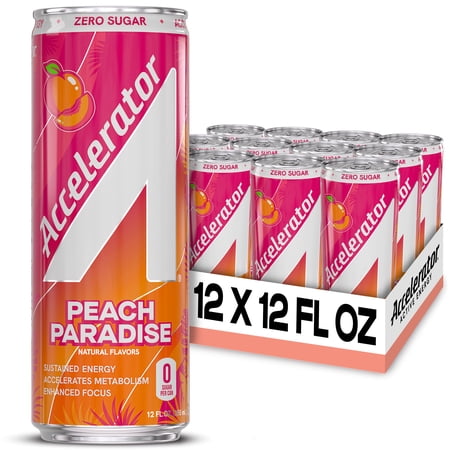 Accelerator Energy Drink, Peach Paradise 12 fl oz can (12 pack), Zero Sugar, Sustained Energy from 100% Natural Caffeine (200mg from Green Coffee Bean & Green Tea extract)