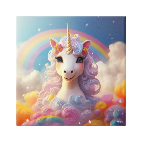 Stupell Industries White Unicorn with Rainbow Fairy Tales & Fantasy Painting Gallery Wrapped Canvas Art Print Wall Art, 17 x 17