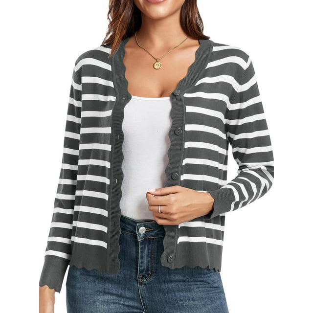 Cardigans pour Femmes, Chandails à Manches Longues, Décontractés, Légers, Boutonnés, Col en V, Chandail d'Automne, Rayures Grises, m