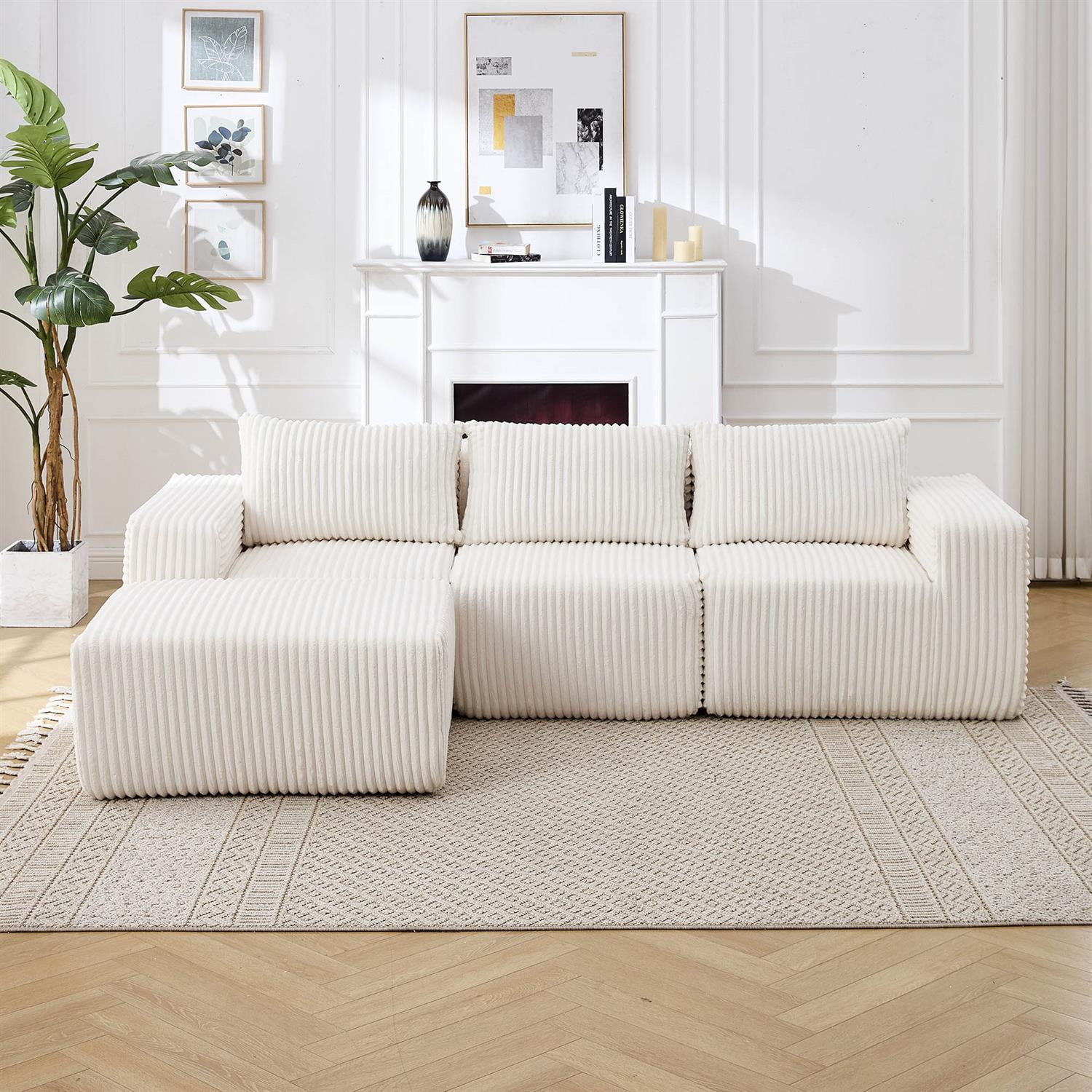 Demi Bonn 125" Modern Modular Sectional Sofa, L-Shaped Upholstered Cloud Couch with Deep Seats & Right Facing Chaise for Living Room, White