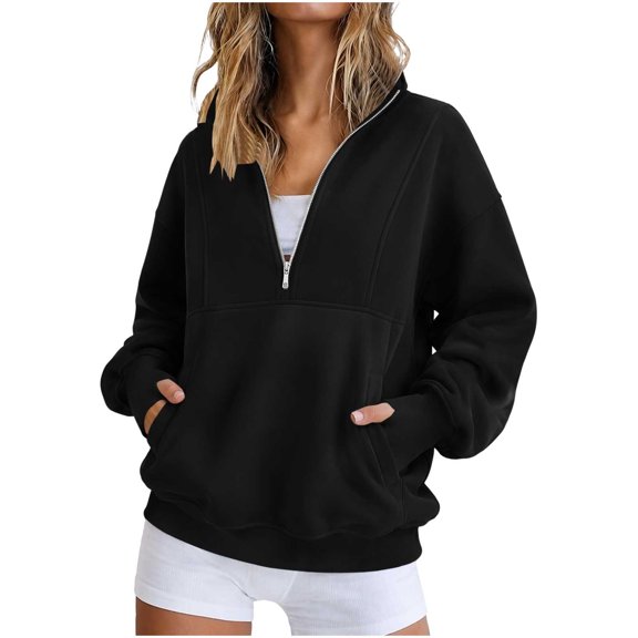 Horkkom Sweatshirt for Women Fashion Solid Color Casual Fall Tops Mock Neck Quarter Zip Pullover Daily Sweatshirt with Pockets L
