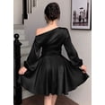thumbnail image 2 of Black Satin Off-Shoulder Puff Sleeve Ruched Waist A-Line Mini Dress, 2 of 8