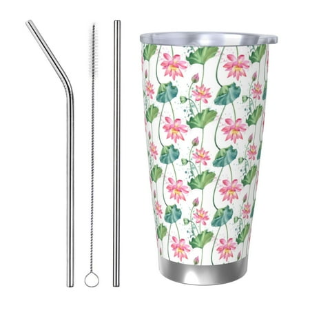 

Uemuo Lotus Flower Print Travel Coffee Mug 20oz Double-walled Car Cup Stainless Steel Insulated Tumbler Leak-proof Travel Cup Reusable Straw Car Cup-Straw Three-piece Set