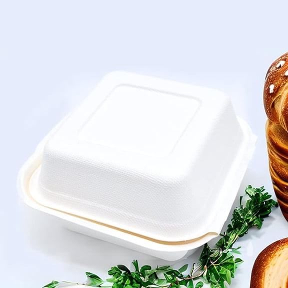 Reharvest 6x6-Inch To-Go Clamshell Take Out Container [Pack of 50], Heavy-Duty, 100% Biodegradable, Home Compostable, Plastic-Free, Made of Eco-Friendly Plant-Based Sugarcane Bagasse Fibers