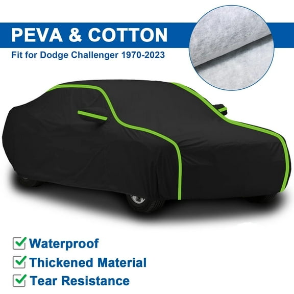 For 1970-2023 Dodge Challenger Car Cover, Waterproof Thickened PEVA Cotton Outdoor Full Exterior Covers for Automobiles All Weather Snow Rain Dust Hail Protection Black