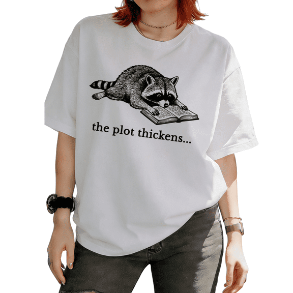 Women Raccoon Reading Book The Plot Thickens Funny Graphic Tees T-Shirt Commuting Short Sleeve White S-5XL