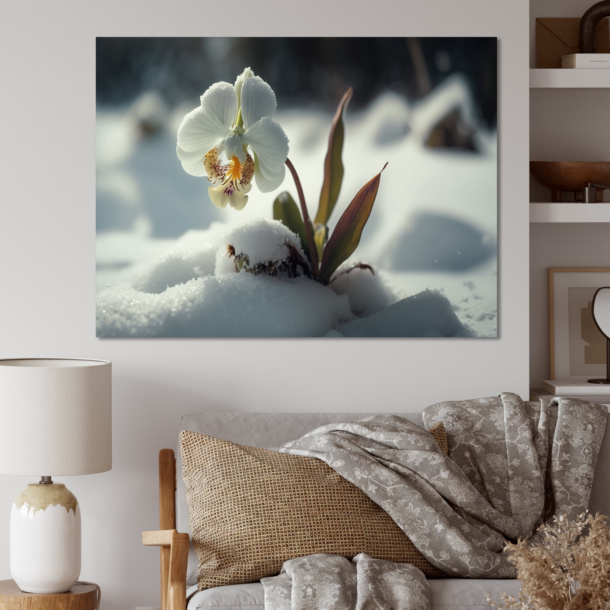Designart A Blooming White Orchid Flower In Winter I Canvas Wall Art
