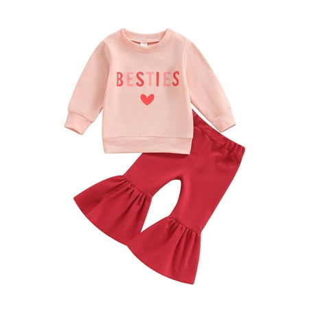 

EYIIYE Toddler Girl Valentines Day Outfits Heart Letter Print Long Sleeve Sweatshirt + Red Flare Pants 2Pcs Set 6 Months-4 Years