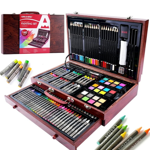 AUREUO 140PCS Art Supplies, Wood Box Painting Kit with Watercolor, Oil Pastels, Colored Pencils, Crayons for Adults Teens Kids