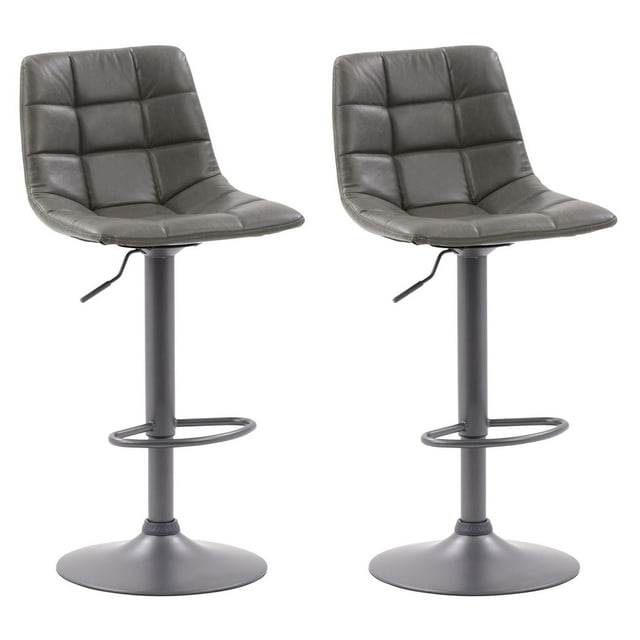 Set of two CorLiving Palmer Square grey tufted indoor barstools with curved seats, adjustable height, and round metal bases.