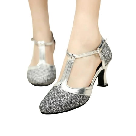 

Gomelly Ladies Dance Shoes Closed Toe Sandals T-strap Latin Shoe Non-Slip Chunky Heels Womens Women Pumps Silver 9