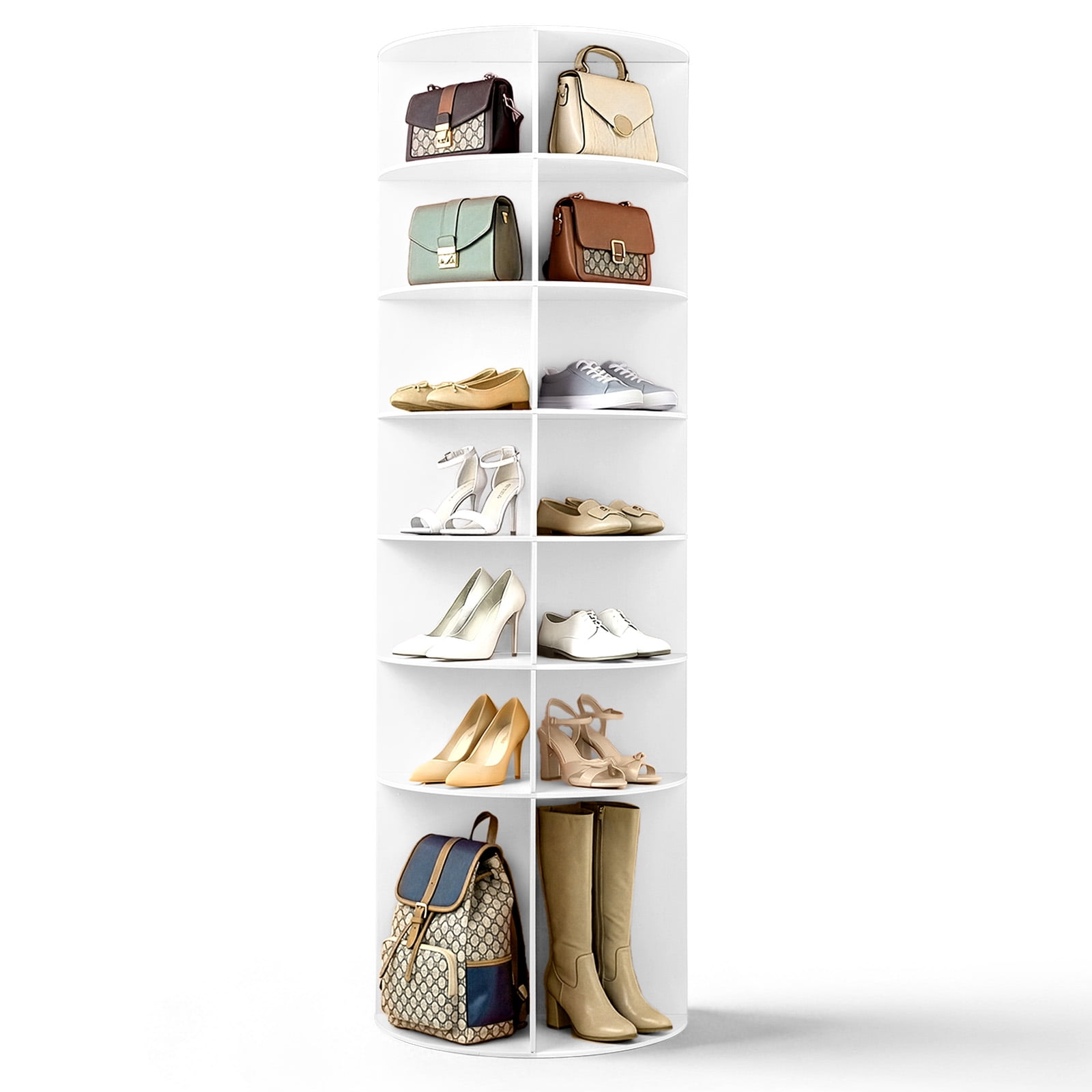Ktaxon 7-Tier Rotating Shoe Rack Tower,  Free Standing 360° Revolving  Organizer, 28 Pairs of Shoes/ Bag, White