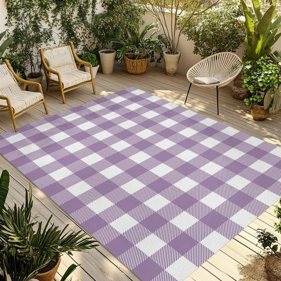 Fsddascl Purple Checkered Outdoor Rug for Patio/Deck/Porch, Non-Slip Large Area Rug 4 x 6 Ft, Farmhouse White Buffalo Plaid Indoor Outdoor Rugs Washable Area Rugs, Reversible Camping Rug Carpet