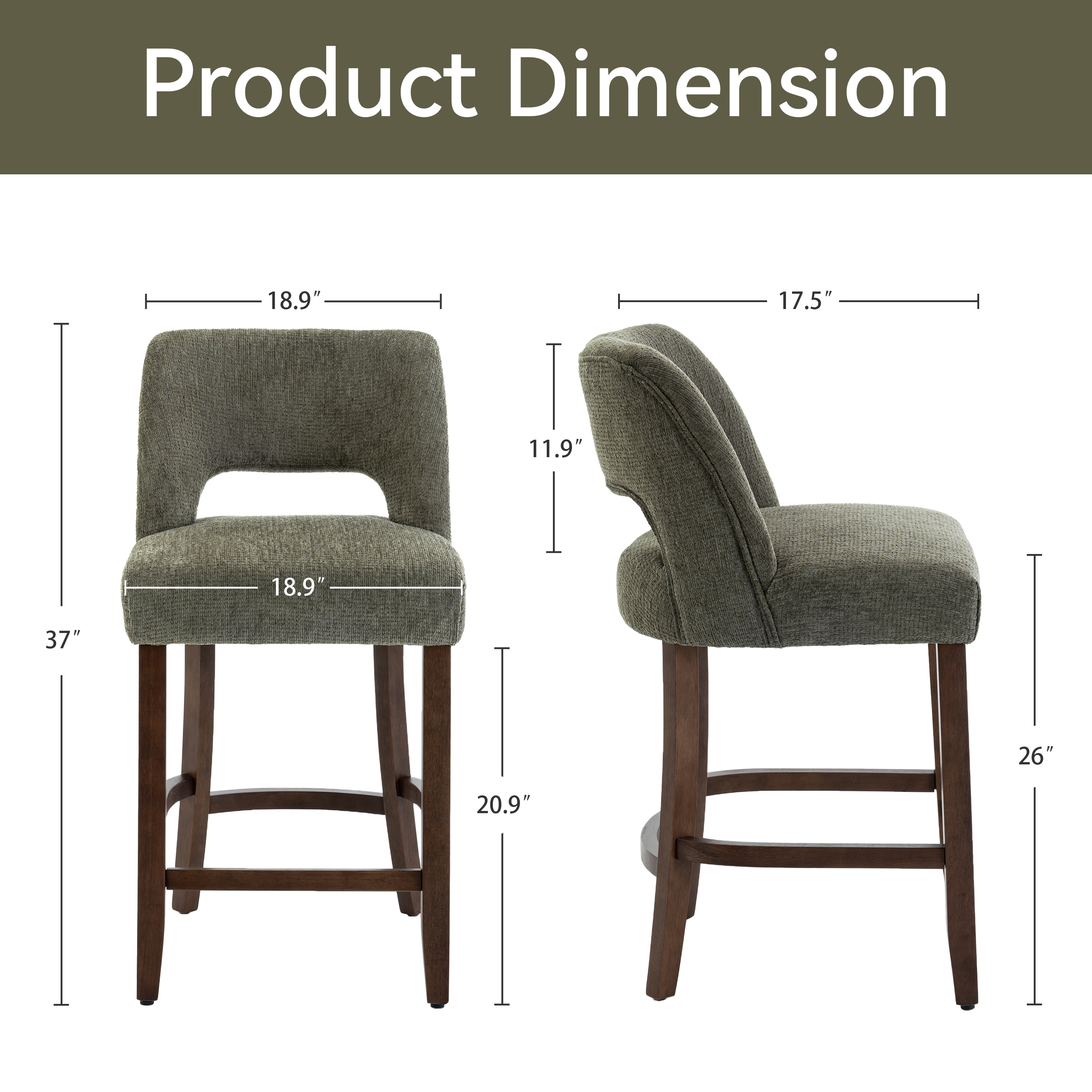 Vknow Furniture Bar Stools Set of 2, 26" Upholstered Counter Height Bar Stools, Modern Counter Stools with Wood Legs for Kitchen Island Dining Room Bar,Green