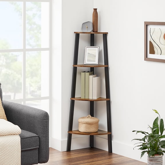 VASAGLE Corner Shelf Stand, 4-Tier Corner Bookshelf, Industrial Ladder Shelf, Plant Stand for Living Room, Office, Kitchen, Rustic Brown and Matte Black