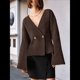 thumbnail image 4 of Cárdigan de Cuello en V para Mujer, Larga Acampanada, Botones, Frente Abierto, Suéter de Punto Holgado, Blazer de Otoño Café M, 4 of 10