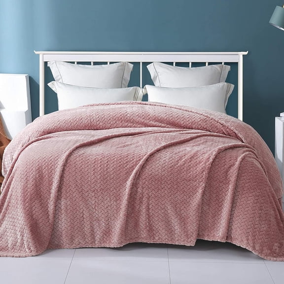 Exclusivo Mezcla King Size Flannel Fleece Blanket, 90"x104" Soft Jacquard Weave Leaves Pattern Velvet Plush Bed Blanket, Pink