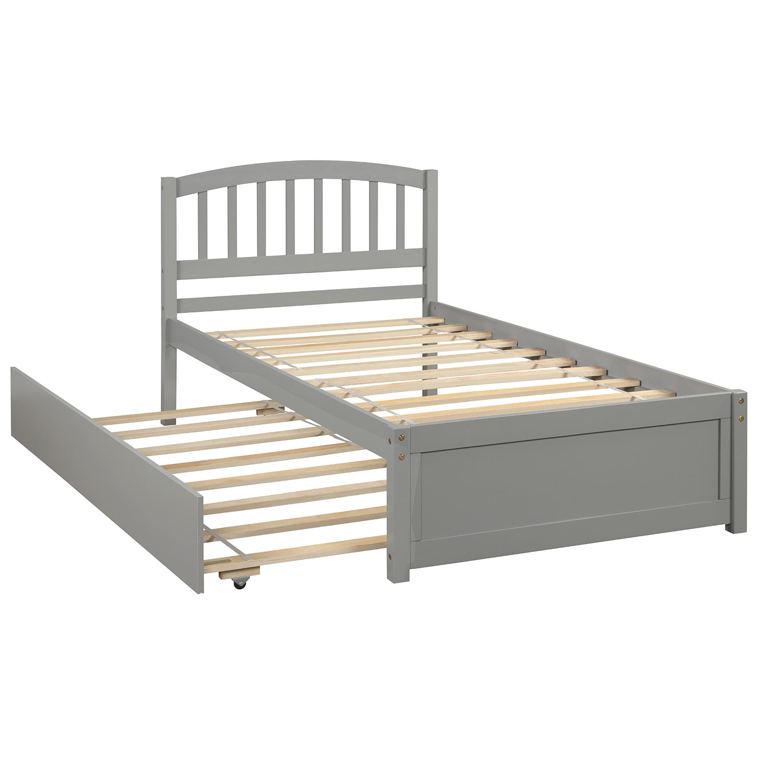 Holaki Twin Size Wood Bed with Trundle and Slatted Headboard for Kids, Gray