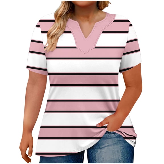 Plus Size Tops for Women Striped Casual V Neck Short Sleeve Color Block T-Shirts Loose Comfortable Tee XL Pink