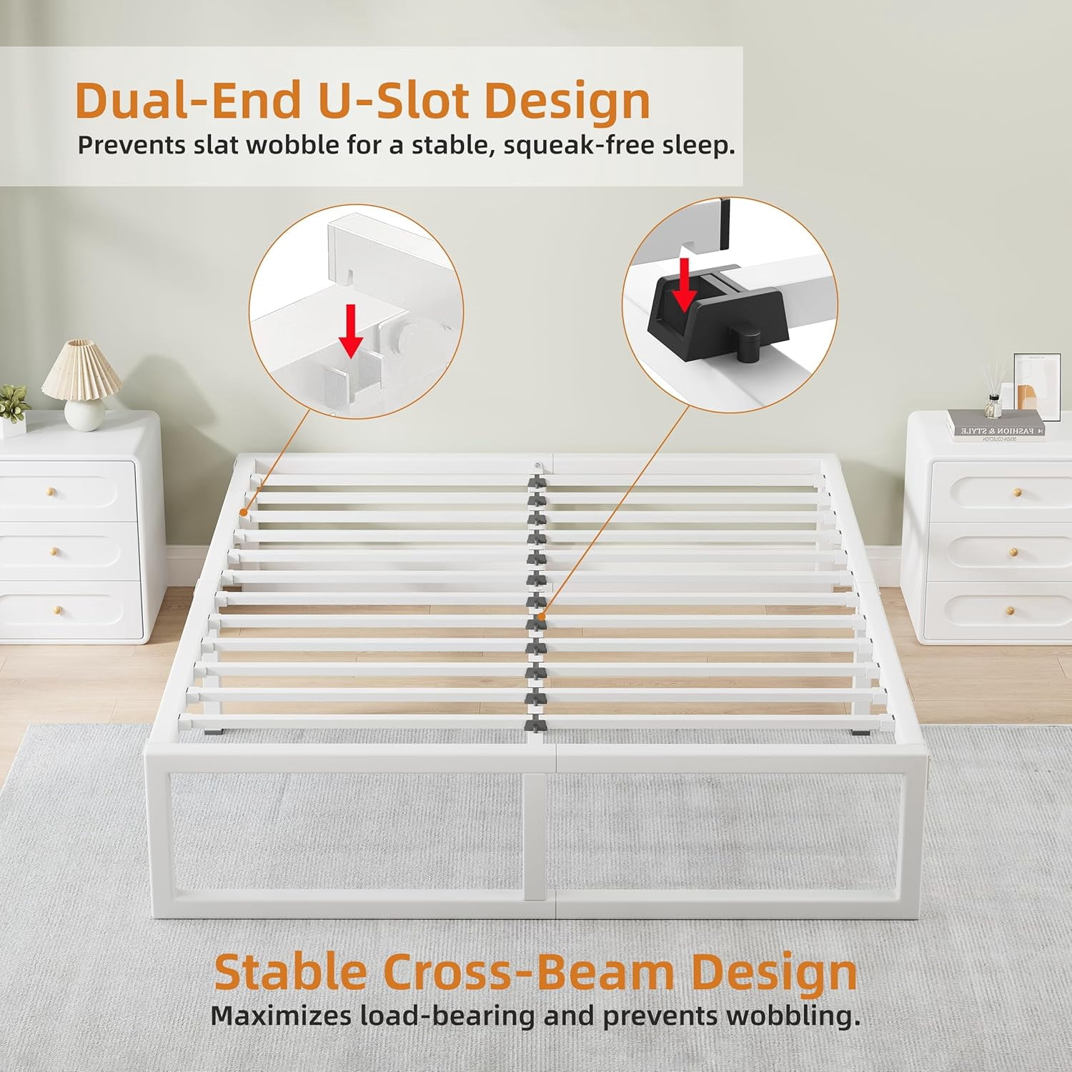 14-Inch White Queen Size Metal Platform Bed Frame with Squeak-Free U-Slot Design, 3500 lbs Capacity, Under Bed Storage