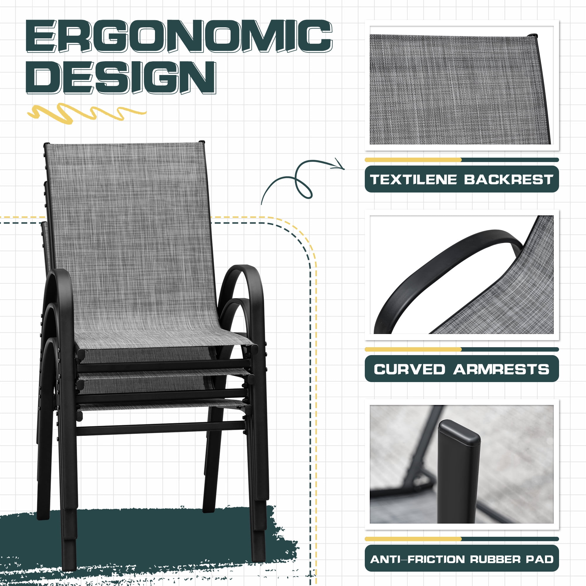 Homall Patio Dining Chair Metal Outdoor Textilene  Chair  Set of 4,Gray