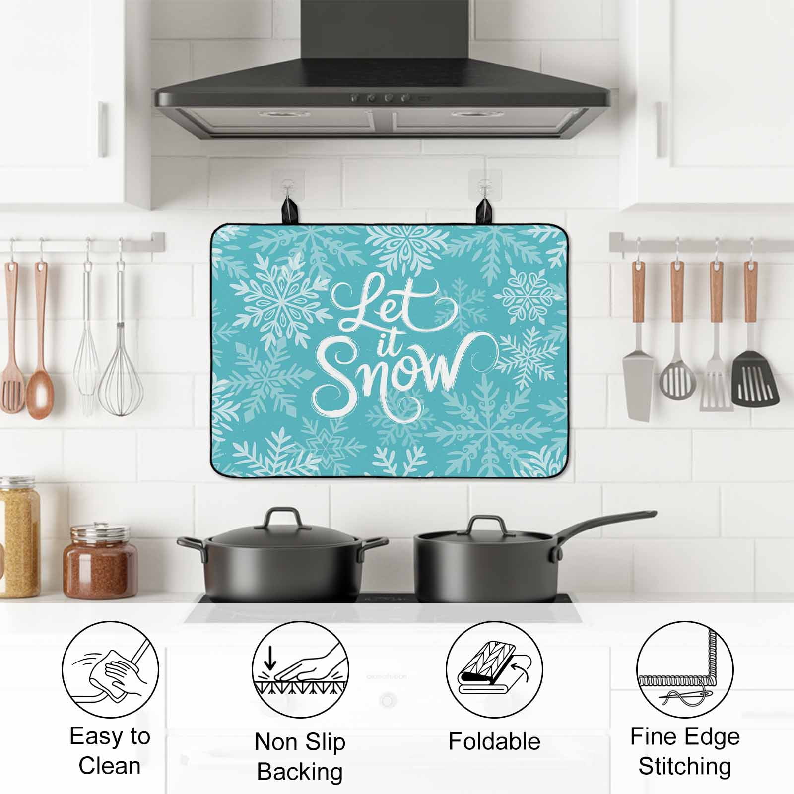 Turquoise Christmas Stove Top Cover for Electric Stove, Heat-proof & Non Slip Glass Top Stove Cover Protector, Winter White Snowflakes Patterned Kitchen Flat Cooktop Rubber Mat 24x21 Inches
