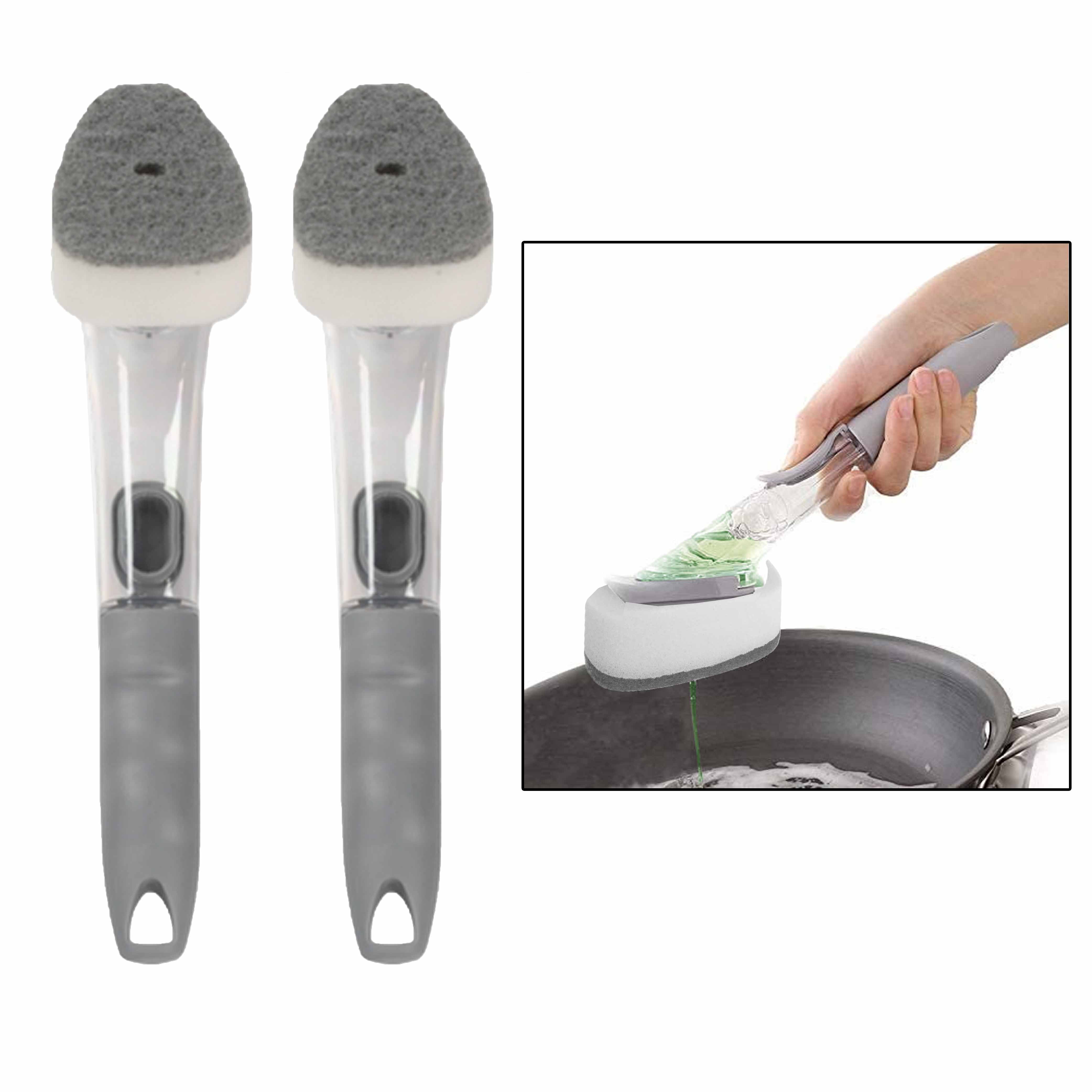 2 Dish Sponge Wand Soap Dispensing Brush Cleaner Scrub Refill Dispenser