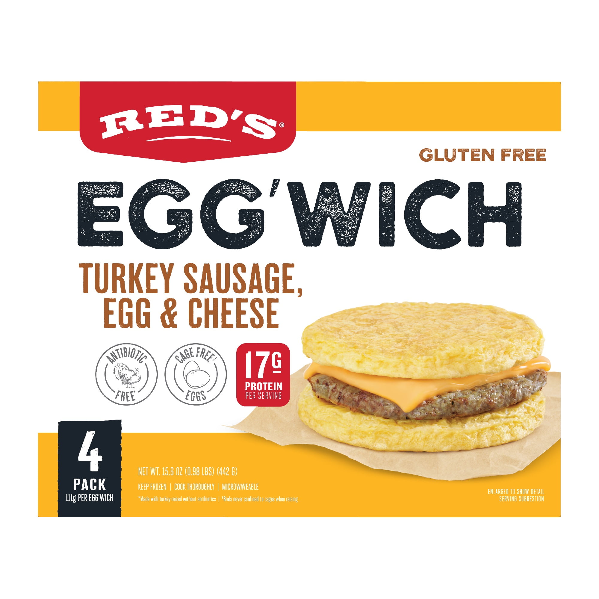 Red's Gluten-Free Turkey Sausage Egg'wich Breakfast Sandwich, 3.9 oz, 4 Count (Frozen)