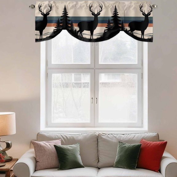 Tie Up Curtain Valances Forest Reindeer Silhouette,Rod Pocket Shade Valance Adjustable Curtains Vintage Stripes Window Treatment for Kitchen Bathroom Living Room Windows,42x18in