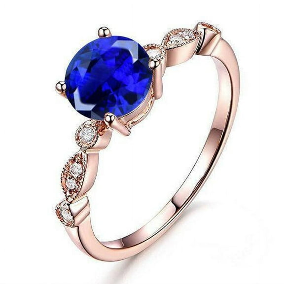 1.50 Carat Blue Sapphire 6mm Round Cut And Moissanite Diamond Engagement Ring in 10k Rose Gold