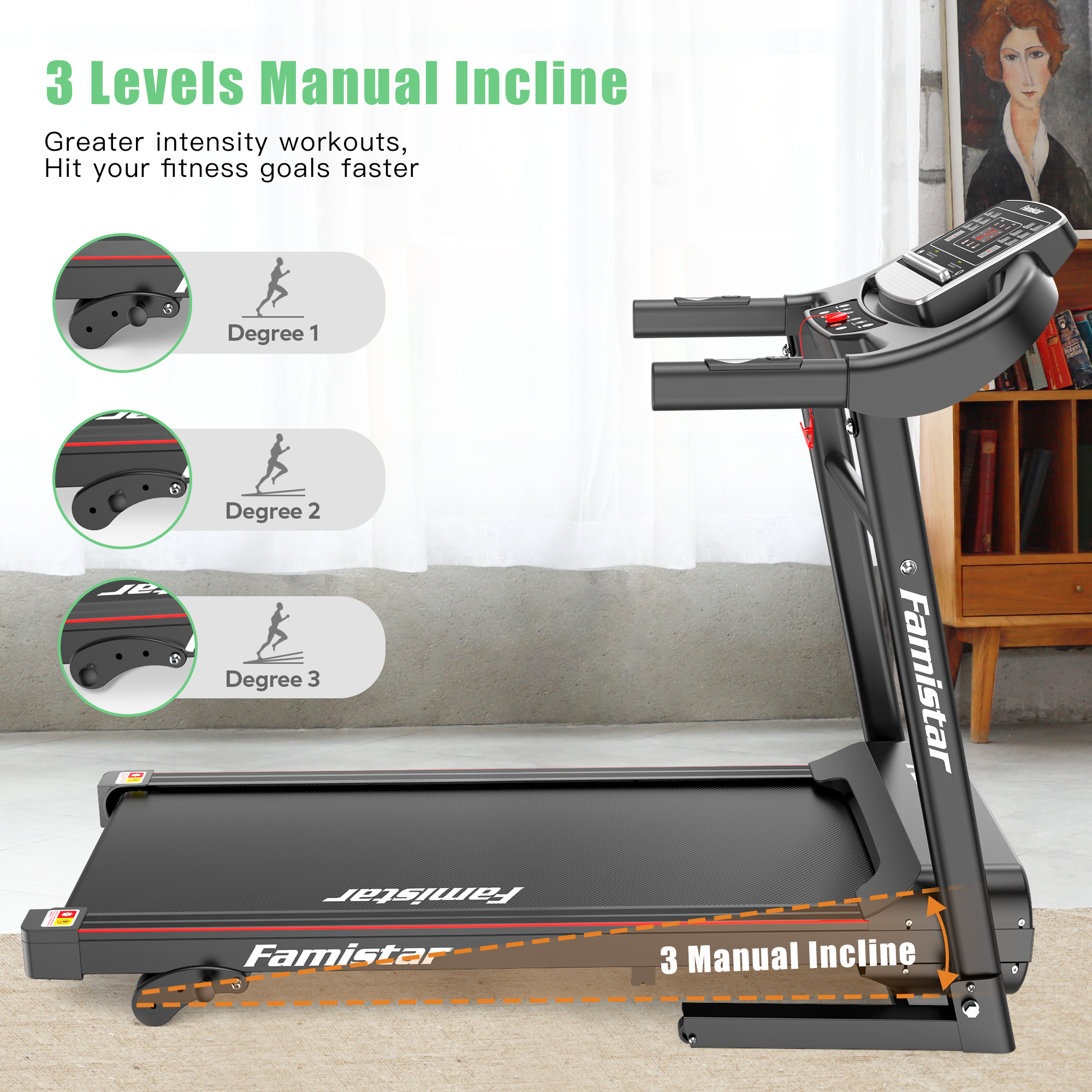 Famistar Folding Incline Treadmill for Home with Smart LCD Display, 265lbs, 12 Programs 3 Modes, MP3 Music Speaker, 2.5HP Electric Foldable Treadmill Running Machine, Knee Strap Gift - image 3 of 15