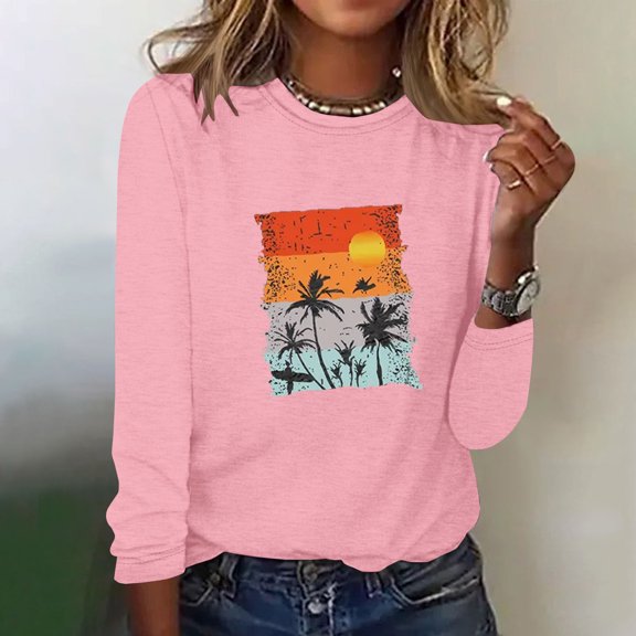 up to 60% off Gifts Usmixi Clearance Sale Sweatshirt for Women Fall Comfy Lightweight Ladies Going out Loose Cute Pullover Tee Tops Winter Trendy Coconut Tree Print Crewneck Long Sleeve Blouses