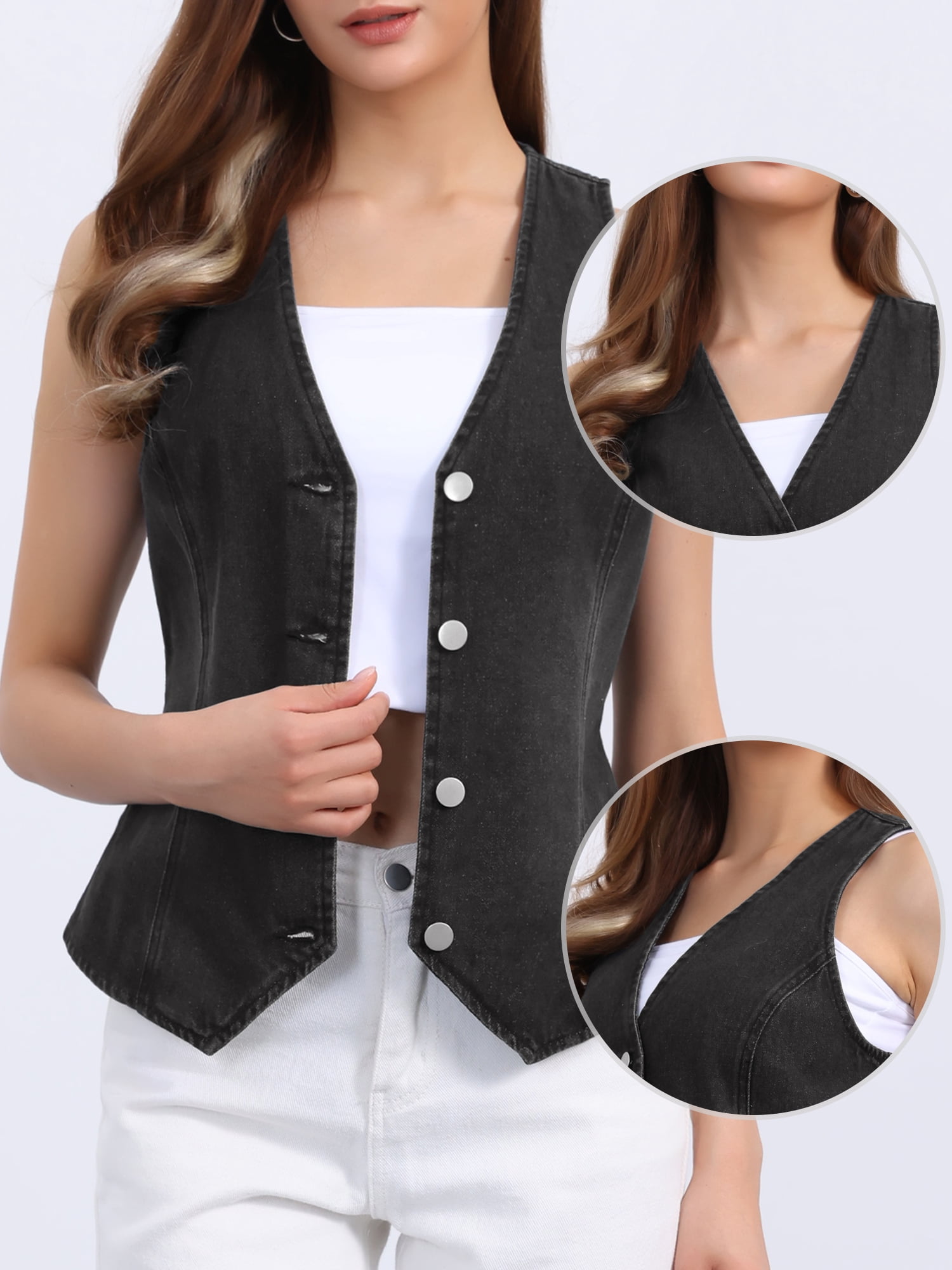 DARING DIVA Womens Denim Vest V Neck Button Down Jean Waistcoat Jacket L Black