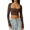 thumbnail image 2 of Yunliwuli Women T-shirt, Long Sleeve Square Neck Solid Color Slim Fit Ladies Crop Top Clubwear, 2 of 6