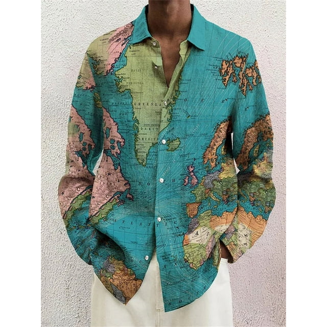 Camisa de hombre de manga larga con solapa, suelta, informal, para exteriores, primavera y verano, material de alta calidad, costura de mapa, cuadros, impresión 3D, talla grande