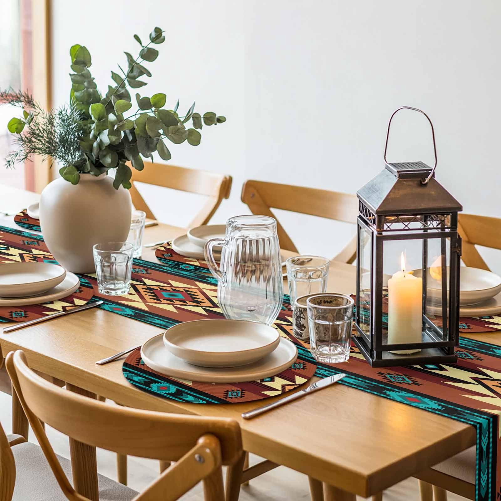 Turquoise Red Round 13 Inch Placemats Set of 4, Southwest American Native Abstract Pattern HeatResistant Non Slip Place Mats for Dining Table, Wipeable Braided Kitchen Table Mats for Housewarming
