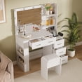 thumbnail image 2 of Large Vanity Desk with 10-Bulb Lighted Mirror, Built-in Charging Outlets, 3 Color Lighting Modes, 5 Drawers and Soft Cushioned Stool, Dressing Table for Bedroom, 2 of 6