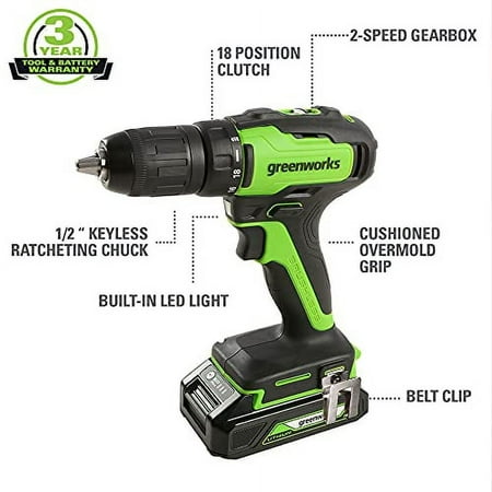 Greenworks - 24-Volt Cordless Brushless 1/2 in. Drill/Driver (2 x 1.5Ah USB Batteries, Charger and Bag) - Black/Green