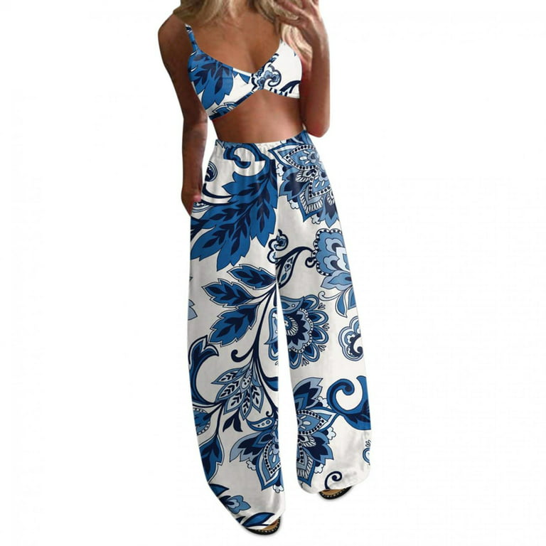 YWDJ Two Piece Outfits for Women Summer Bohemian Floral Print Crop Tops+ Pants Wide Leg 2 Piece Set Blue L 