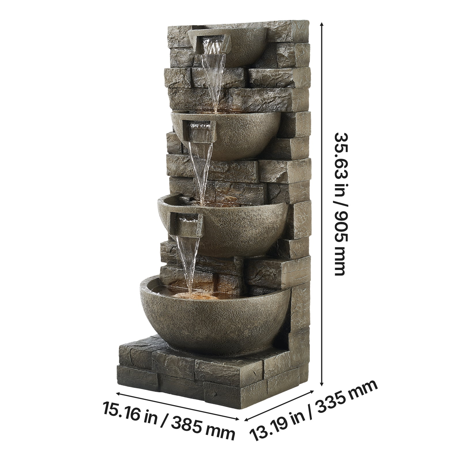 KFFKFF Outdoor Water Fountain, 35.63-Inch Tall 4-Tier Cascading Design with LED Light and Pump, Modern Block Stack Style for Garden, Patio, Backyard, or Indoor Spaces