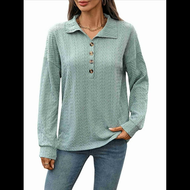 Blusas Holgadas de Larga con Botones y Solapa de Color Liso para Mujer, Otoño e Invierno Verde Oscuro XXL