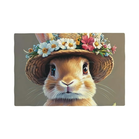 

Table Placemats Set of 4 - Bunny in Floral Hat 12x18 In Faux Linen Double Heat Resistant Place Mats Cloth Indoor/Outdoor Placemats Washable Table Mats for Dining Kitchen Party